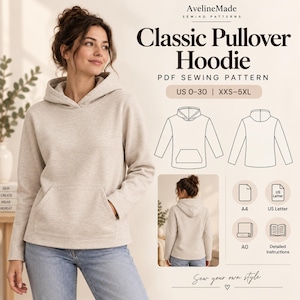 Könnte beinhalten: AvelineMade Classic Pullover Hoodie PDF-Schnittmuster für die Größen US 0-30 und XXS-5XL. Das Bild zeigt einen beigen Kapuzenpullover mit Kängurutasche, technische Strichzeichnungen von Vorder- und Rückseite sowie Symbole für A4, US Letter und A0.