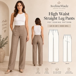 Wide Leg Pants Sewing Pattern PDF, High Waist Tailored Trousers, Women’s Woven Pants Pattern