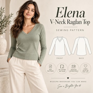 Pode incluir: Um molde de costura para uma blusa de manga comprida raglan com decote em V chamada Elena. O gráfico exibe desenhos técnicos da frente e das costas, ícones para arquivos PDF, A4, A0, instruções detalhadas e tamanhos US 0-20, XXS-2XL com texto Modern Wardrobe.