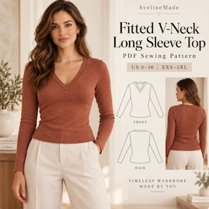 Può includere: Un top a maniche lunghe color ruggine con scollo a V, abbinato a pantaloni chiari. L'immagine include il testo: AvelineMade, Fitted V-Neck Long Sleeve Top, PDF Sewing Pattern, US 0-30 | XXS-5XL, e diagrammi delle viste frontale e posteriore.