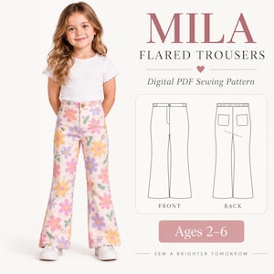 May include: MILA FLARED TROUSERS Digital PDF Sewing Pattern Ages 2-6 SEW A BRIGHTER TOMORROW. A pair of flared trousers featuring a light pink background with a repeating pattern of yellow, pink, and purple flowers and green leaves.