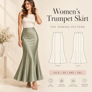 Può includere: Un cartamodello per gonna a tromba a vita alta e lunghezza fino ai piedi in tessuto di raso verde salvia. L'immagine include il testo Women's Trumpet Skirt, PDF Sewing Pattern e l'intervallo di taglie US 0-20 / XXS-2XL con disegni al tratto.