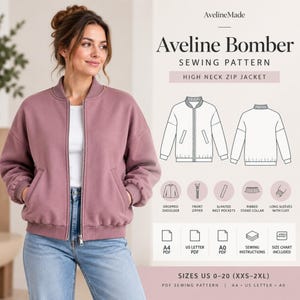 Puede incluir: Una chaqueta bomber de color malva con cremallera frontal, cuello alzado acanalado, hombros caídos y bolsillos ribeteados inclinados. La imagen incluye el texto Aveline Bomber Sewing Pattern, dibujos técnicos y iconos para formatos PDF A4, US Letter y A0.