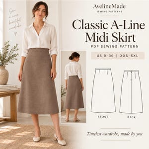 May include: A digital sewing pattern for a classic A-line midi skirt by AvelineMade. The image displays a brown midi skirt, a white button-down shirt, and technical line drawings of the front and back views with US sizes 0-30 and XXS-5XL.