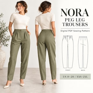 Pode incluir: NORA PEG LEG TROUSERS Digital PDF Sewing Pattern US 0-20 / XXS-2XL. Calças verde-oliva com cintura alta, pregas frontais e pernas afuniladas, exibidas de frente e de costas ao lado de um desenho técnico linear do design da peça.