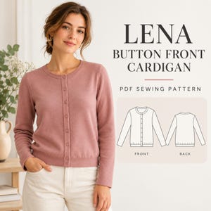 Puede incluir: Un cárdigan de color rosa empolvado con botones frontales, mangas largas y cuello redondo. El texto LENA BUTTON FRONT CARDIGAN PDF SEWING PATTERN es visible, junto con un dibujo lineal que muestra las vistas frontal y trasera del diseño.