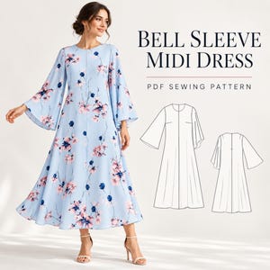 May include: A light blue midi dress with bell sleeves and a pink and dark blue floral pattern. The text reads BELL SLEEVE MIDI DRESS PDF SEWING PATTERN. A black and white line drawing shows the front and back views of the dress design.
