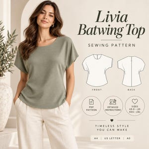 Può includere: Un cartamodello per un top a maniche a pipistrello intitolato Livia Batwing Top. L'immagine mostra un disegno tecnico del davanti e del dietro del capo, insieme a icone per il modello PDF, le istruzioni e le taglie US 0-20, XXS-2XL. Include formati A4, US Letter e A0.
