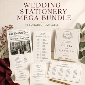 Bewerkbaar pakket met trouwkaarten en -briefpapier: krant, tijdschema, menu, naamkaartjes, welkomstbord en plattegrond, PowerPoint-presentatie