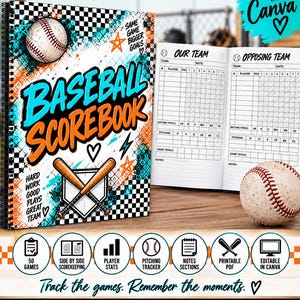 Könnte beinhalten: Ein spiralgebundenes Baseball-Scorebuch mit schwarz-weiß kariertem Einband, verziert mit einem Baseball, zwei gekreuzten Schlägern und dem Text Baseball Scorebook. Die Innenseiten zeigen Score-Raster für zwei Teams, und der Einband enthält die Texte Hard Work Good Plays Great Team sowie Same Game Bigger Goals.