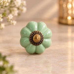 Light Green Scalloped Ceramic Knob, Antique Gold Cabinet Hardware, Floral Dresser Pull
