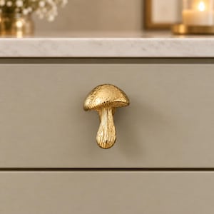 May include: A gold-colored metal cabinet knob shaped like a mushroom. The knob features a textured, rounded cap and a vertical, ridged stem, mounted directly onto the center of a flat, light gray drawer front with a horizontal seam below it.