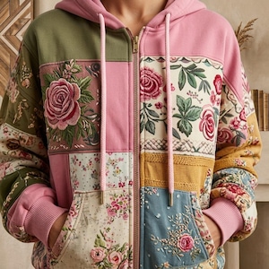 May include: A zip-up hoodie featuring a patchwork design with various floral patterns in shades of pink, olive green, cream, and blue. The garment includes embroidered rose details, a front zip with a metallic pull, and pink drawstring cords.