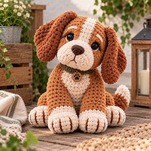 Schema PDF per realizzare un cucciolo di peluche all'uncinetto, con punti grossi, orecchie flosce e zampe sovradimensionate (download digitale)