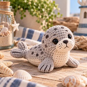 Virkat sälmönster PDF, sött sälplyschmönster, mini amigurumi sälmönster, sälgosedjur, gör-det-själv-virkat havsdjur