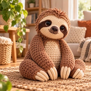 Può includere: Un bradipo di peluche realizzato all'uncinetto con un corpo marrone testurizzato, una pancia color crema e un viso color crema con macchie marrone scuro attorno a grandi occhi neri. Il bradipo ha un naso marrone scuro e lunghe unghie color crema.
