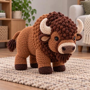 May include: A crochet stuffed animal shaped like a bison, featuring a textured dark brown head and mane, a light brown body, cream-coloured horns, and dark brown hooves. The bison has black safety eyes and a light brown muzzle with a dark brown nose.