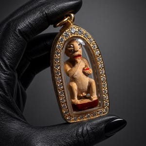 Puede incluir: Un colgante de tono dorado con una figura tallada de color claro, cuatro ojos y boca roja, encerrada en una carcasa protectora transparente. El marco está decorado con pequeñas piedras brillantes y tiene una anilla dorada en la parte superior.
