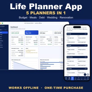 Op de afbeelding: Een digitale Life Planner App-interface weergegeven op een desktopmonitor en een smartphone. Het dashboard toont financiële gegevens, schuldbeheer en maaltijdplanning. De tekst bevat Life Planner App, 5 Planners in 1, Budget, Meals, Debt, Wedding, Renovation, Works Offline en One-Time Purchase.