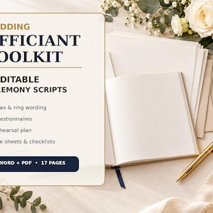Puede incluir: Un kit para oficiante de bodas que incluye un documento digital con el texto Wedding Officiant Toolkit, 6 Editable Ceremony Scripts, Vows & ring wording, Questionnaires, Rehearsal plan, Cue sheets & checklists, Word + PDF, 17 Pages.