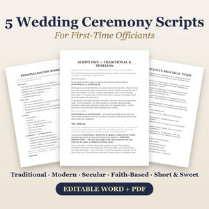 Può includere: Una raccolta di 5 copioni per cerimonie nuziali per officianti alle prime armi, che include un foglio di lavoro per la personalizzazione e una guida pratica. I documenti presentano testo nero su carta bianca in formati Word e PDF modificabili.
