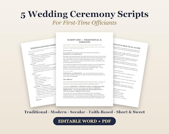 May include: A collection of 5 wedding ceremony scripts for first-time officiants, including a personalisation worksheet and a practical guide. The documents are presented in black text on white paper, featuring editable Word and PDF formats.