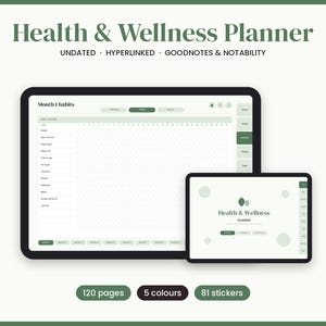 May include: A digital Health & Wellness Planner displayed on two tablet screens. The larger screen shows a habit tracker interface, while the smaller screen displays a title page with the text Health & Wellness Planner. Includes 120 pages, 5 colors, and 81 stickers.