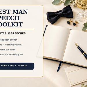 Può includere: Un kit di discorsi per testimone di nozze con il testo 'BEST MAN SPEECH TOOLKIT', '7 EDITABLE SPEECHES' e 'WORD + PDF 30 PAGES'. Accanto al testo si trovano un taccuino aperto, una penna stilografica, un papillon nero e gemelli.