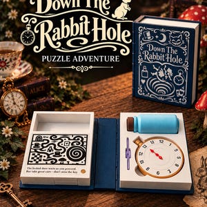 May include: A blue book-shaped puzzle box titled Down The Rabbit Hole. The open interior reveals a white tray with a black and white maze card featuring the text The locked door waits as you proceed. But take great care—don't miss the key.