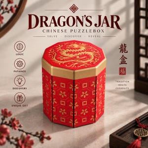 May include: An octagonal red and gold puzzle box labelled Dragon's Jar Chinese Puzzlebox. The lid features a gold dragon design, while the sides display a repeating floral pattern. Text includes Solve, Discover, Reveal, and Tradition meets Curiosity.