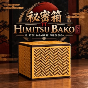 May include: A rectangular Japanese puzzle box with a yellow exterior featuring a repeating woven pattern and dark brown edges. The text on the box reads: 秘密箱, HIMITSU BAKO, 10 STEP JAPANESE PUZZLEBOX. The box has a structured, multi-layered design.