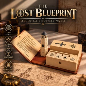 May include: A sequential discovery puzzle titled The Lost Blueprint, featuring a beige tower, a hinged wooden box with four sliding blocks marked with celestial symbols, and a parchment-style page with handwritten text and a signature.