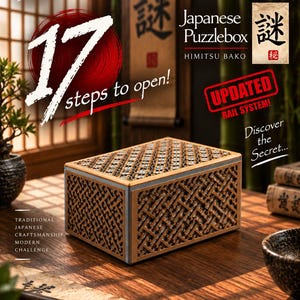 May include: A rectangular wooden puzzle box featuring a complex, interwoven lattice pattern on its exterior surfaces. The box is labeled as a Japanese Puzzlebox Himitsu Bako, noting 17 steps to open and an updated rail system. The design incorporates light-colored wood with dark, intricate geometric detailing.