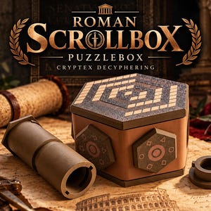May include: A hexagonal Roman Scrollbox puzzle box with a dark textured lid featuring a geometric pattern. The sides are tan with dark hexagonal dials displaying symbols. Includes a separate cylindrical tube and a small circular cap piece.
