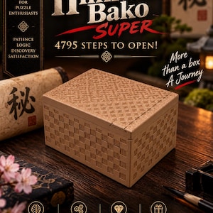 May include: A rectangular wooden puzzle box with a light brown finish and a textured checkerboard pattern on the sides and lid. The text on the image reads Himitsu Bako Super 4795 Steps to Open, A True Challenge for Puzzle Enthusiasts, and 2222 Pzzls.