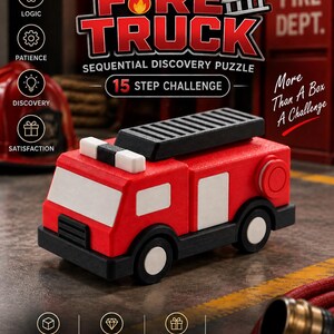 Op de afbeelding: Een rood en zwart brandweerwagen sequentieel ontdekkingspuzzel met witte accenten. De tekst luidt FIRE TRUCK SEQUENTIAL DISCOVERY PUZZLE 15 STEP CHALLENGE, More Than A Box A Challenge, LOGIC, PATIENCE, DISCOVERY, SATISFACTION, MECHANICAL PUZZLE, PREMIUM DESIGN, UNIQUE GIFT.
