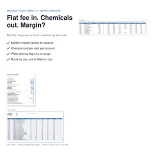 Op de afbeelding: Een Microsoft Excel-sjabloon voor zwembadservicebeheer met de tekst Flat fee in. Chemicals out. Margin? Het bevat gegevenstabellen voor accountmarges, servicelogboeken en watertestresultaten met kolommen voor datums, chemische niveaus en kosten.