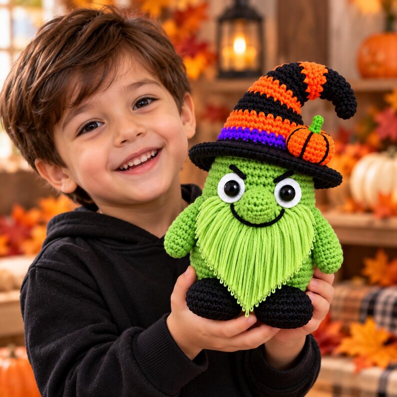 Halloween Witch Gnome Crochet Pattern, Green Beard Amigurumi, Pumpkin ...
