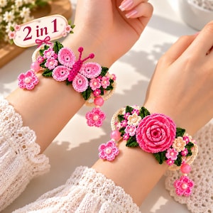 May include: Two crochet bracelets featuring floral and butterfly motifs. One bracelet displays a pink butterfly with green leaves and small pink flowers. The other features a large pink rose surrounded by smaller flowers and leaves. Both include pink beads and text 2 in 1.