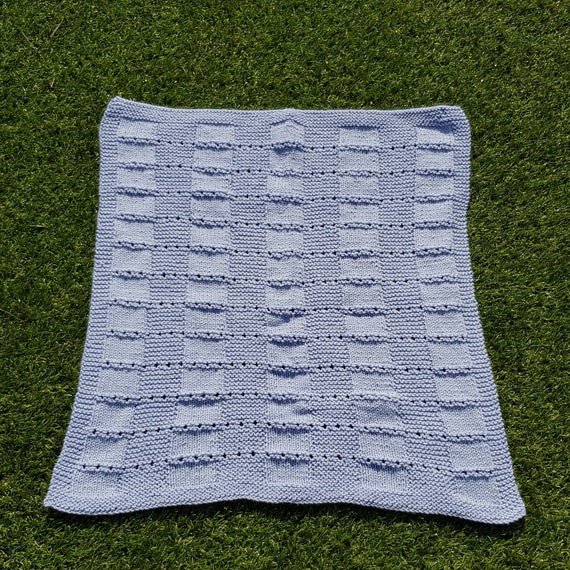 Hand Knitted Textured Squares Baby Blanket In Blue Aran Wool Etsy