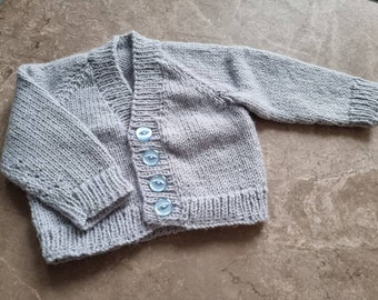 0-6 months handknitted baby cardigan handmade smokey grey blue baby gift