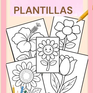 Puede incluir: Una colección de 15 páginas para colorear con dibujos de líneas en blanco y negro de varias flores, incluyendo un hibisco, un girasol, un tulipán y una margarita sonriente. El texto +15 PLANTILLAS aparece arriba con lápices.
