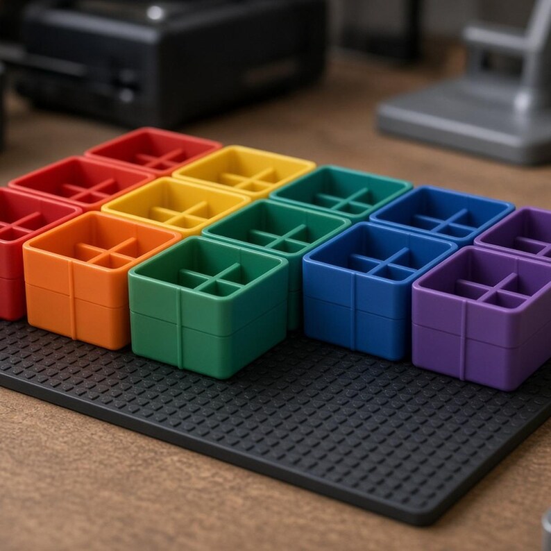 May include: A collection of small, square, multi-colored plastic containers arranged in a grid on a black textured mat. Each container features a cross-shaped divider inside and comes in shades of red, orange, yellow, green, blue, and purple.
