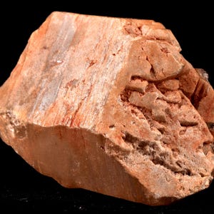 Può includere: Un campione minerale grezzo, marrone-rossastro, dall'aspetto stratificato. La roccia ha una superficie strutturata con aree di tonalità più chiare e più scure, e alcune piccole inclusioni di cristallo trasparente. Lo sfondo è nero.