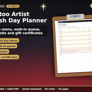 Könnte beinhalten: Ein 55-seitiger Tattoo Artist Flash Day Planer auf einem Klemmbrett. Das Dokument enthält ein Flash Day Menü mit Spalten für Größe, Preis, Zeit und Anzahlungen. Der Text umfasst 'Tattoo Artist Flash Day Planner', 'Flash menu, walk-in queue, deposits and gift certificates' und 'Flash Day Menu'.