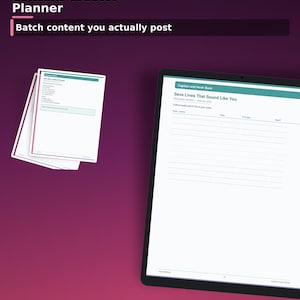 May include: A digital content creator planner displayed on a tablet screen and as a stack of printed pages. The interface features a Caption and Hook Bank with columns for hooks, openers, and CTA ideas, set against a dark purple gradient background.