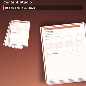 May include: A digital planner titled Canva AI Content Studio featuring 30 designs in 30 days. The pages include a weekly calendar layout with sections for hooks, topics, formats, CTAs, and a checklist for non-negotiables. It is a 56-page US Letter PDF.