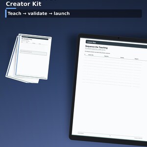 Puede incluir: Un kit de creación Course-in-a-PDF de 56 páginas, que incluye una plantilla de mapa de lecciones para secuenciar la enseñanza. El kit contiene documentos imprimibles y compatibles con GoodNotes en formato US Letter con el texto Teach, validate, launch.