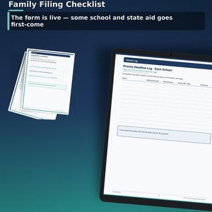 May include: A digital FAFSA 2027-28 Family Filing Checklist document with 55 pages. The layout includes a School Log for priority deadlines and a filing plan. The text reads FAFSA 2027-28 Family Filing Checklist, The form is live, and School Log.
