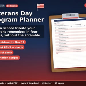 Può includere: Un pianificatore di programmi per il Veterans Day visualizzato su una cartellina. Il testo recita Veterans Day Program Planner, Plan a school tribute your veterans remember, in four weeks, without the scramble, e Run of Show.